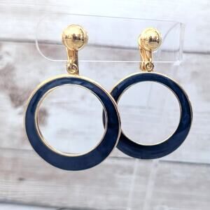 Vintage Clip On Earrings - Extra Large Dark Blue & Gold Tone Circle Dangle Drop
